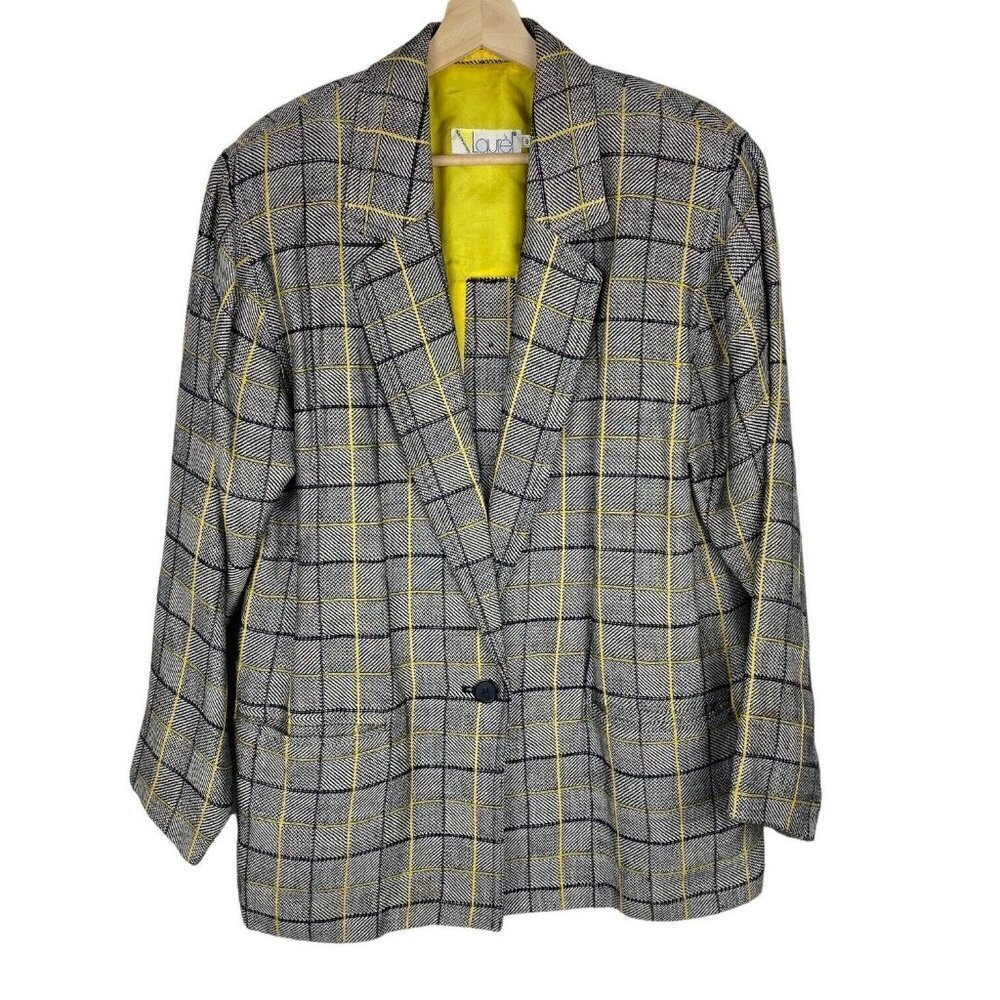 Laurel By Escada Jacket Linen Wool Grey Glen Plaid Yellow Academia Blazer
